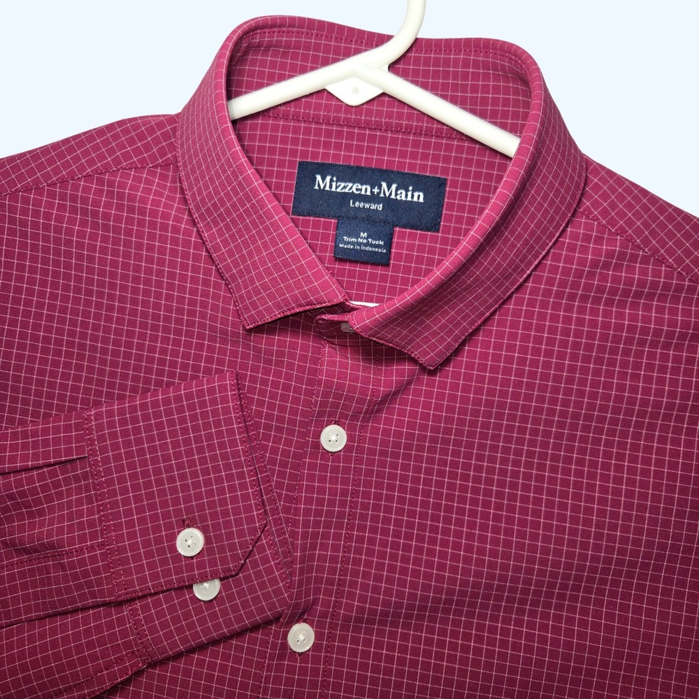 Mizzen+Main Leeward Trim No Tuck Shirt Mens Medium Maroon Burgundy Grid Check